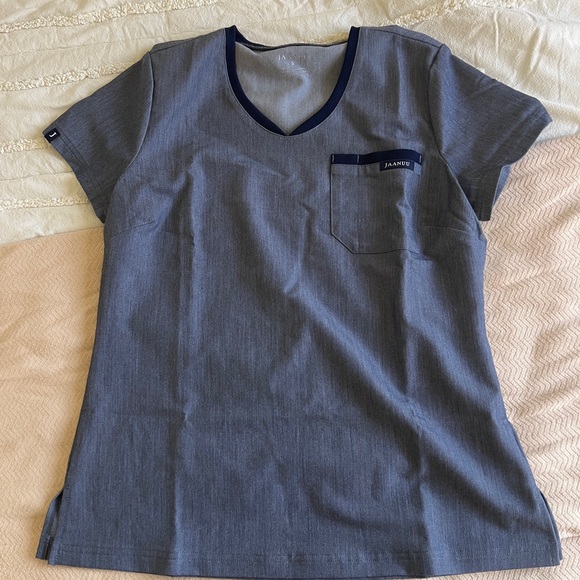 Jaanuu Gray Scrub Set with Navy Accents, Denim Look, Size S&XS - Picture 5 of 5